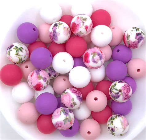 Pink Peony Flower Silicone Bead Mix White Powder Pink Light Hot Pin