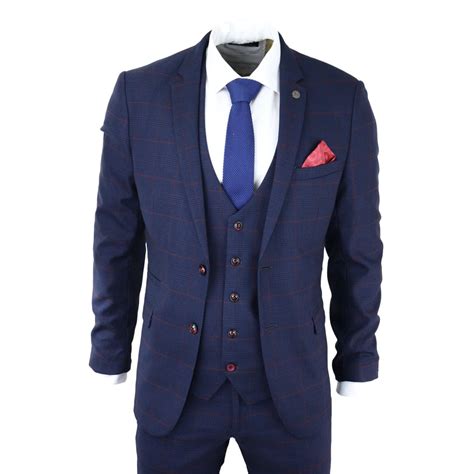 Marc Darcy Edinson Mens Navy Wine Check 3 Piece Suit Truclothing