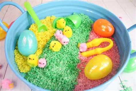 Easter Sensory Bin With Colored Rice Views From A Step Stool