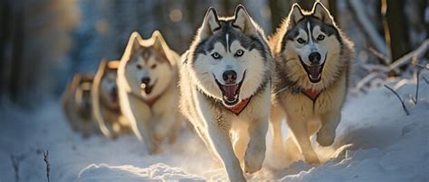 Premium AI Image | Four husky sled dogs sprinting down a snowcovered ...