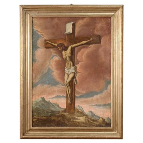 19th Century Italian Great Oil Painting On Canvas Crucifixion Of Jesus