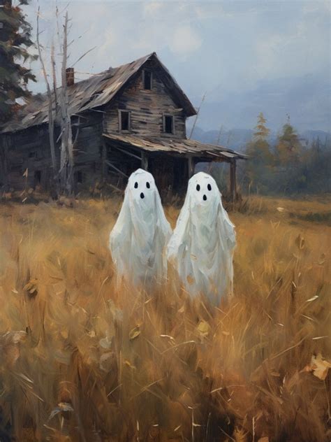 Two Ghosts Standing In A Meadow Vintage Oil Painting Halloween