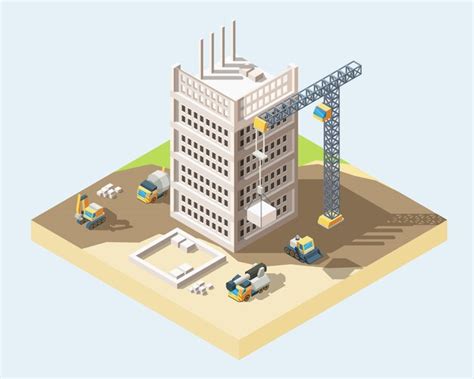 Proceso de construcción de viviendas modernas isométrica ilustración