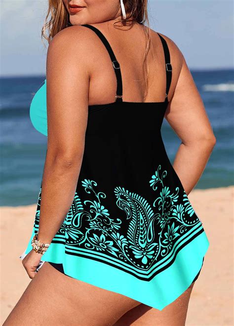 Tribal Print Cyan Asymmetric Hem Swimdress Top Usd 3998