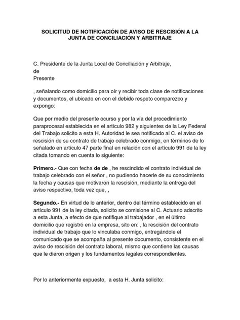 Solicitud De Notificación De Aviso De Rescisión A La Junta De