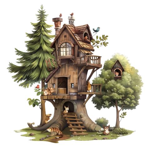 A Whimsical Cartoon Treehouse Nestled Among Tall Trees With Friendly