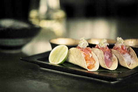 Sashimi Tacos Matched With Sake Shots Scampi Tempura And Wagyu Beef