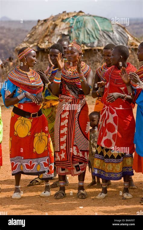 Africa Kenya Young Samburu Women In Colorful Traditional Dress At A