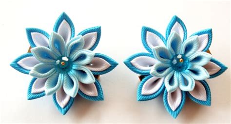 Kanzashi Fabric Flowers Set Of Hair Clips Turquoise Lt Etsy