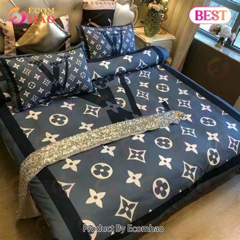 Louis Vuitton Blue And Black Logo Brand Bedding Sets Bedspread Duvet Cover Set Bedroom Decor