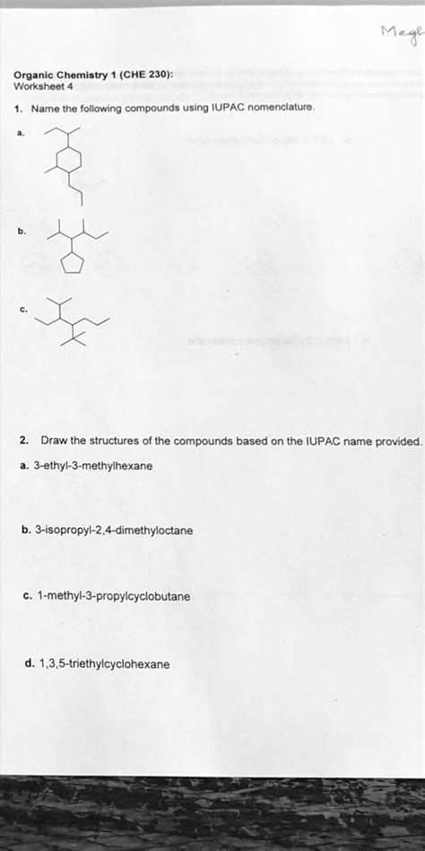 Solved Organic Chemistry Che Worksheet Name The Following