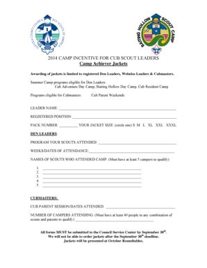 Fillable Online Sccbsa Camp Incentive For Cub Scout Leaders Camp