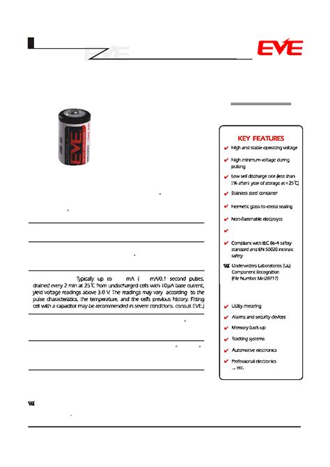 ER14250 Datasheet 1 2 Pages EVE Lithium Thionyl Chioride Li SOCl