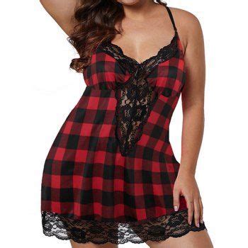 35 OFF 2024 Plus Size Lingerie Dress Plaid Print Lace Panel