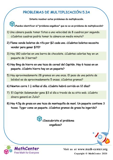 Quinto Grado Hojas De Trabajo Problemas De Multiplicaci N Math Center