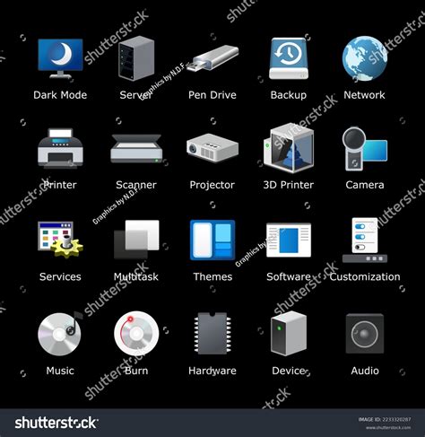 Computer Icon Pack Dark Theme Desktop Stock Vector Royalty Free