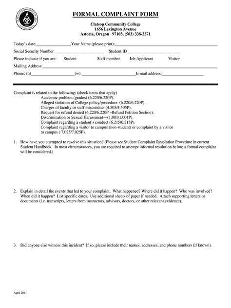 Fillable Online Clatsopcc FORMAL COMPLAINT FORM Clatsop Community