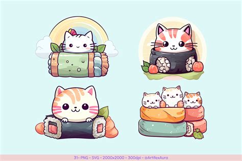 Png Svg Sushi Cat Clipart Bundle Kawaii Clipart Kawaii Food Kawaii