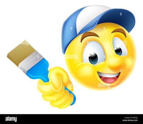 Cartoon emoji emoticon smiley face painter character holding a ...