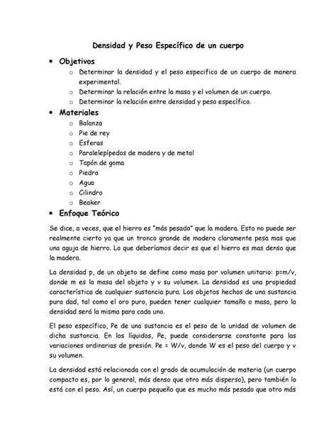 Densidad y Peso Específico de un cuerpo Densidad y Peso Específico de