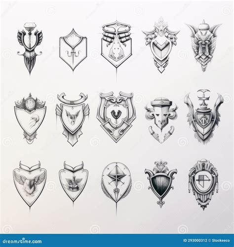 Minimalist Line Drawings Of Conceptual Shield Tattoos Stock Photo