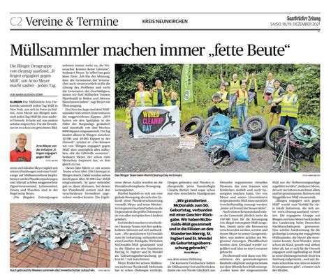 Presseartikel in der Saarbrücker Zeitung Arno Meyer Müllsammel und