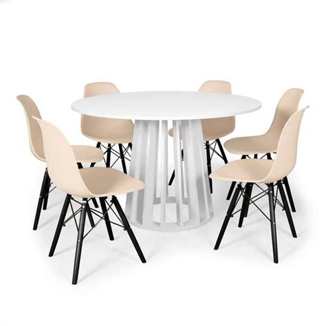 Conjunto Mesa De Jantar Redonda Talia 120cm Branca 6 Cadeiras Eames Eiffel Base Preta Nude