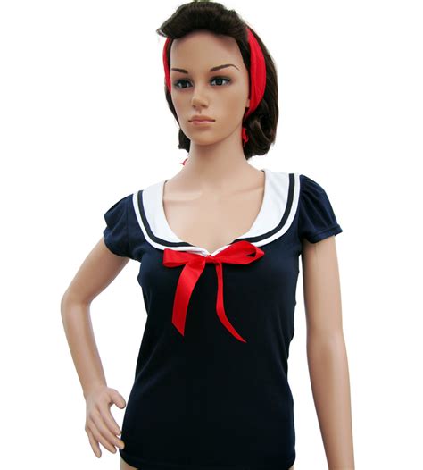 Navy Blue Sailor Top With Red Ribbon