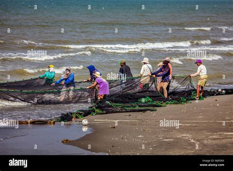 Fishing Cooperative Haul In Their Seine Net At Baybay Beach Roxas City