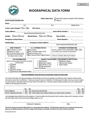 Fillable Online Epcc BIOGRAPHICAL DATA FORM El Paso Community College