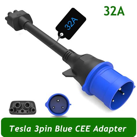 Tesla 3pin Blue Cee Adapter 32a Gen 2 Ev Charging Cable Extension For