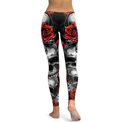 Womens Workout Yoga Skulls And Roses Leggings Black Red White