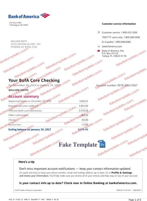 Editable Bank Of America Bank Statement Template