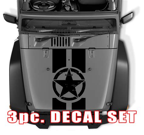 Distressed Oscar Mike Military Star Jeep Black Out Hood 3 Piece Vinyl