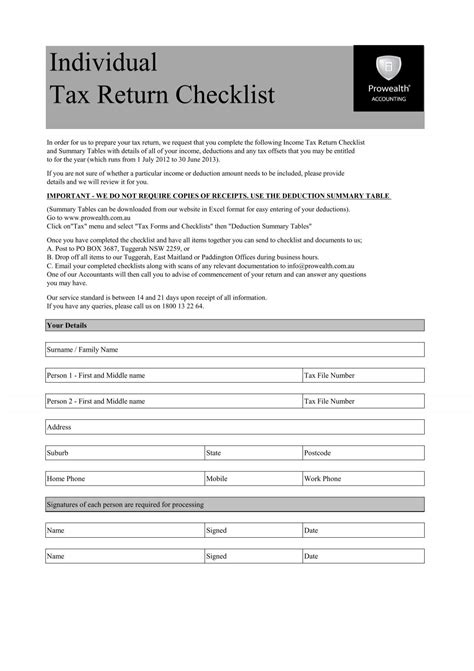 Individual Tax Return Checklist Prowealth