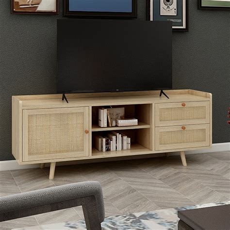 Juiluna Tv Stand With Adjustable Shelves Rattan Decorated Doors