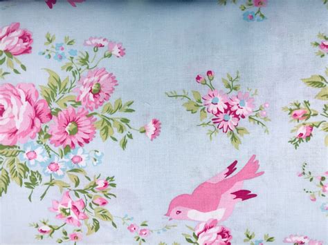 Romantic Shabby Chic Pink Rose Floral Fabric With Birds Etsy