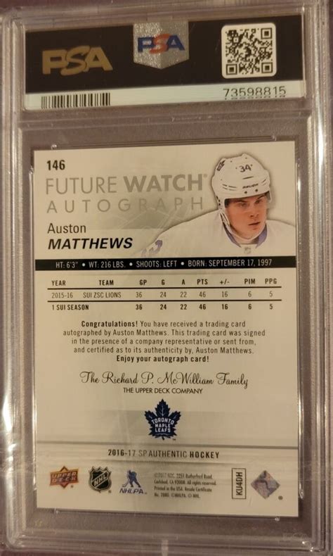 2016 17 UD Auston Matthews SP Authentic Future Watch Rc Auto 999 PSA