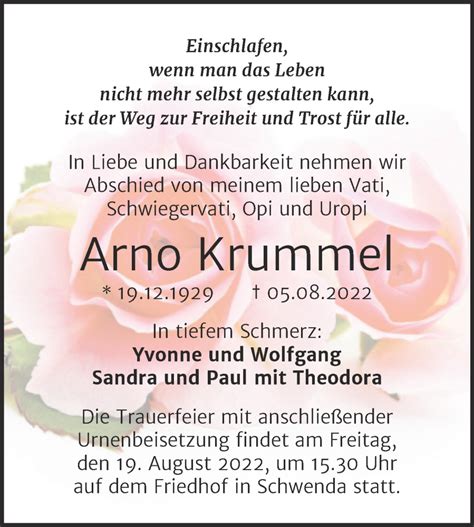 Traueranzeigen Von Arno Krummet Abschied Nehmen De