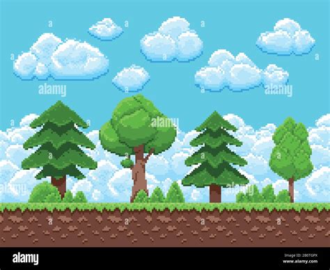 Pixel Game Vector Landscape With Trees Sky And Clouds For 8 Bit Vintage Arcade Game Landscape