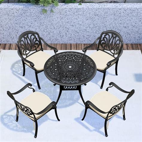 Cesicia Black Frame 5 Piece Cast Aluminum Outdoor Dining Set With Umbrella Hole And Random Color