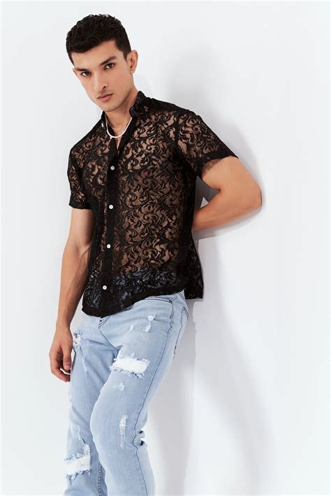 Mens Semi Sheer Floral Shirt Black