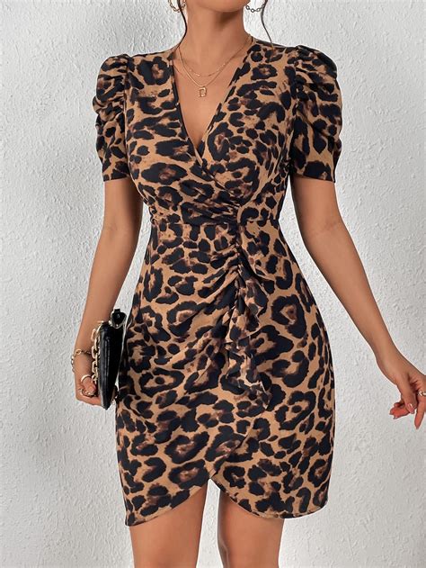 Shein Clasi Leopard Print Puff Sleeve Ruffle Trim Ruched Ruffle Hem