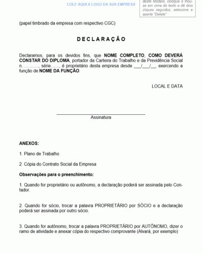 Modelo de Declaração para Empresário Sócio Autônomo