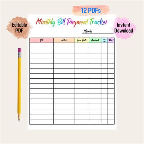 Bill Payment Tracker Rainbow Color Printable, Editable Monthly Bill
