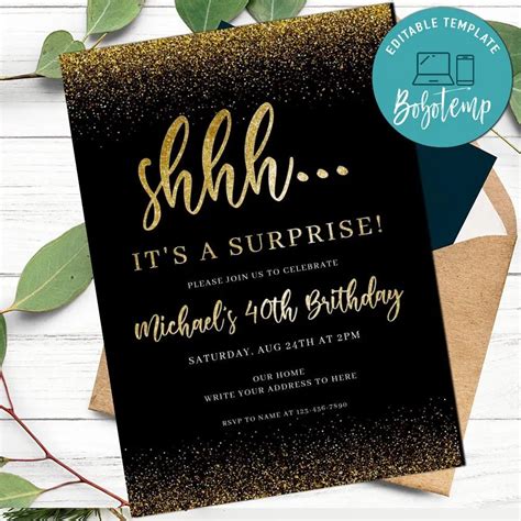 Gold Glitter Surprise Birthday Invitation Customizable Template Bobotemp