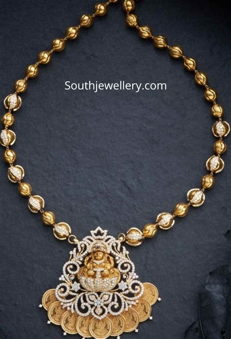 Gold Balls Necklace With Diamond Lakshmi Pendant Indian Jewellery Designs