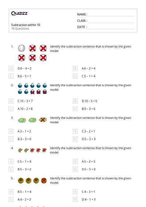 50 Subtraction Within 10 Worksheets For Kindergarten On Quizizz Free