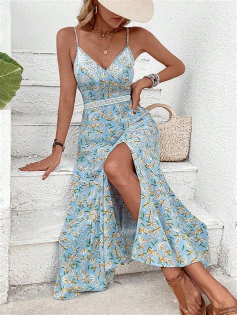 Cami Kleid Mit Blume Muster Kontrast Spitzen Schlitz Aktuelle