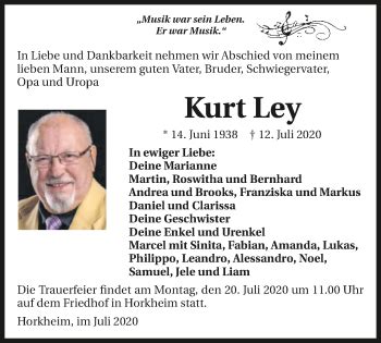 Traueranzeigen Von Kurt Ley Trauerundgedenken De